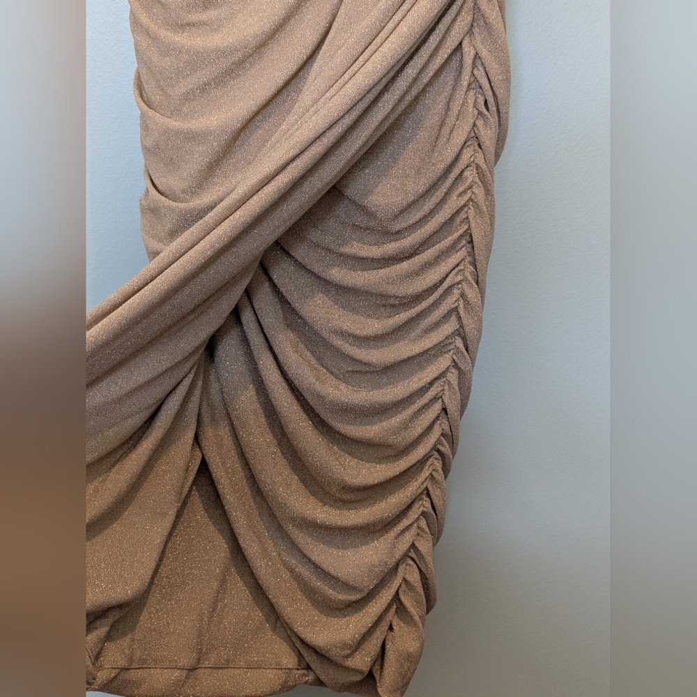 New! Rare London Drape Wrap Strapless Midi Pencil Dress in Gold Glitter - Picture 4 of 9